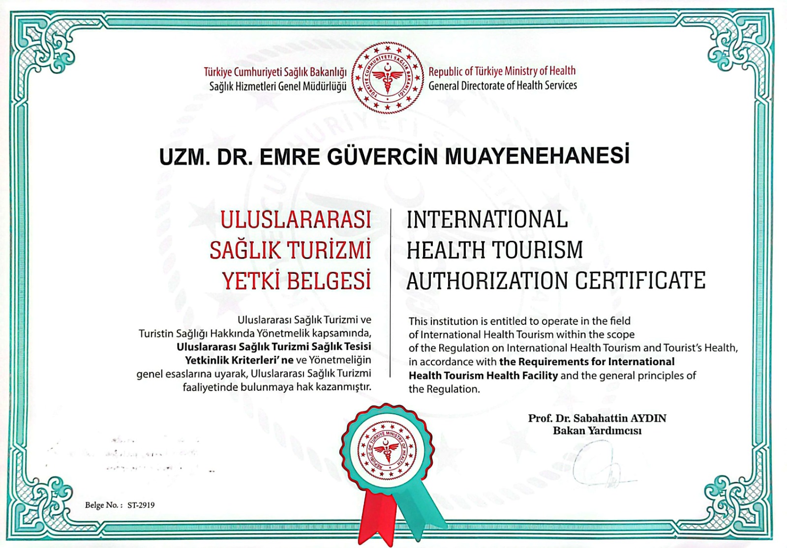 International Health Tourism Authorization Certificate - Dr. Emre Güvercin